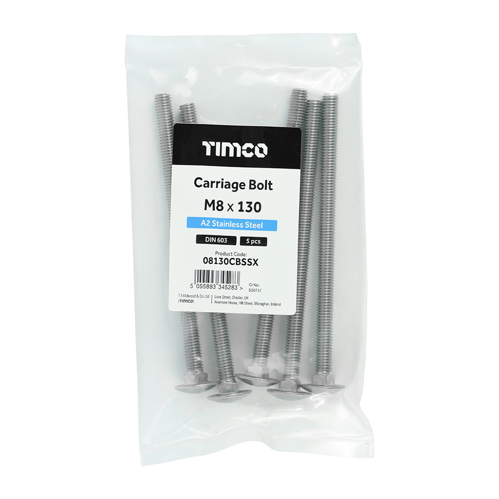 M8 x 130 A2 Stainless Steel Carriage Bolts - 5 Pack TIMCO
