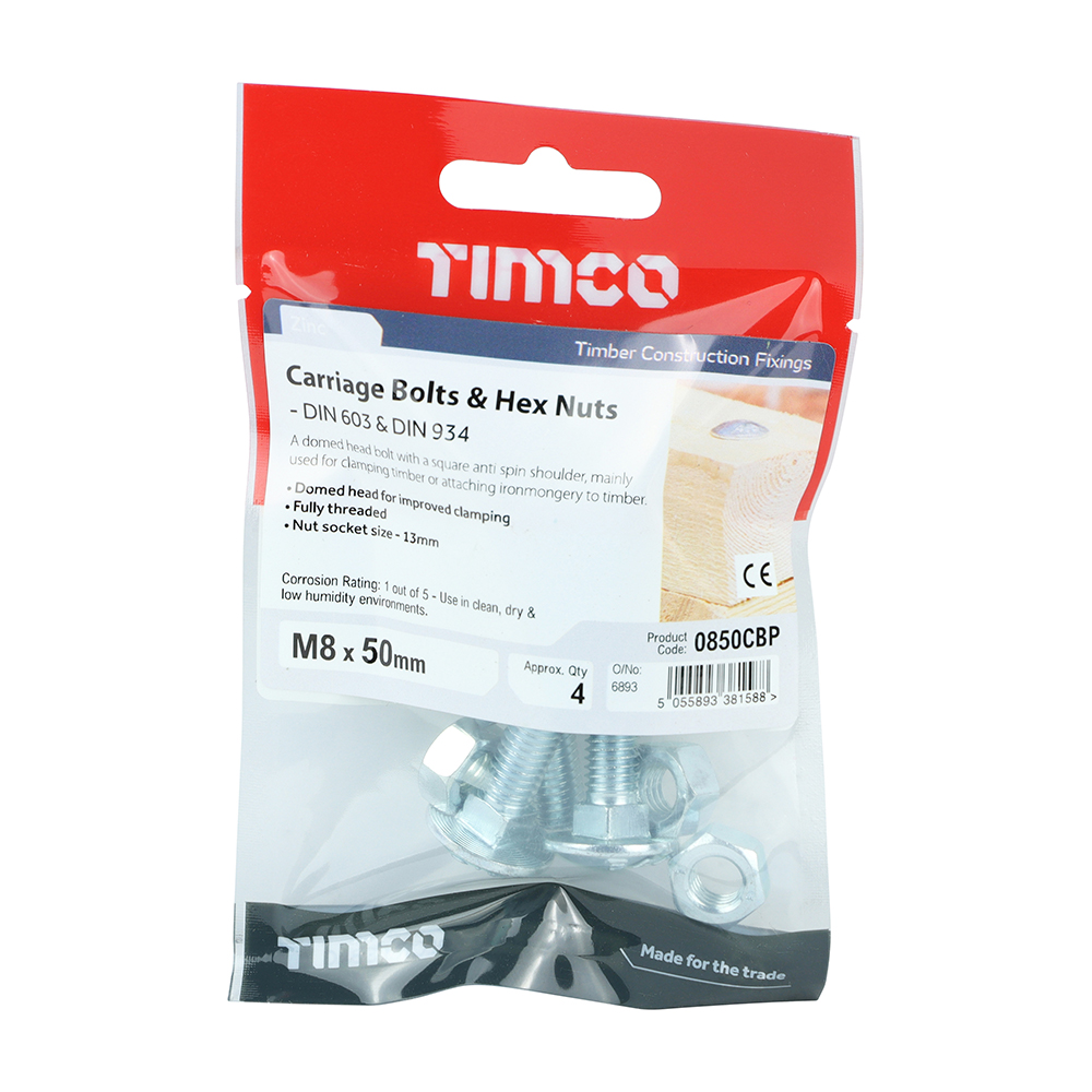 M8 x 50 Silver Carriage Bolts & Hex Full Nut - 4 Pack TIMCO