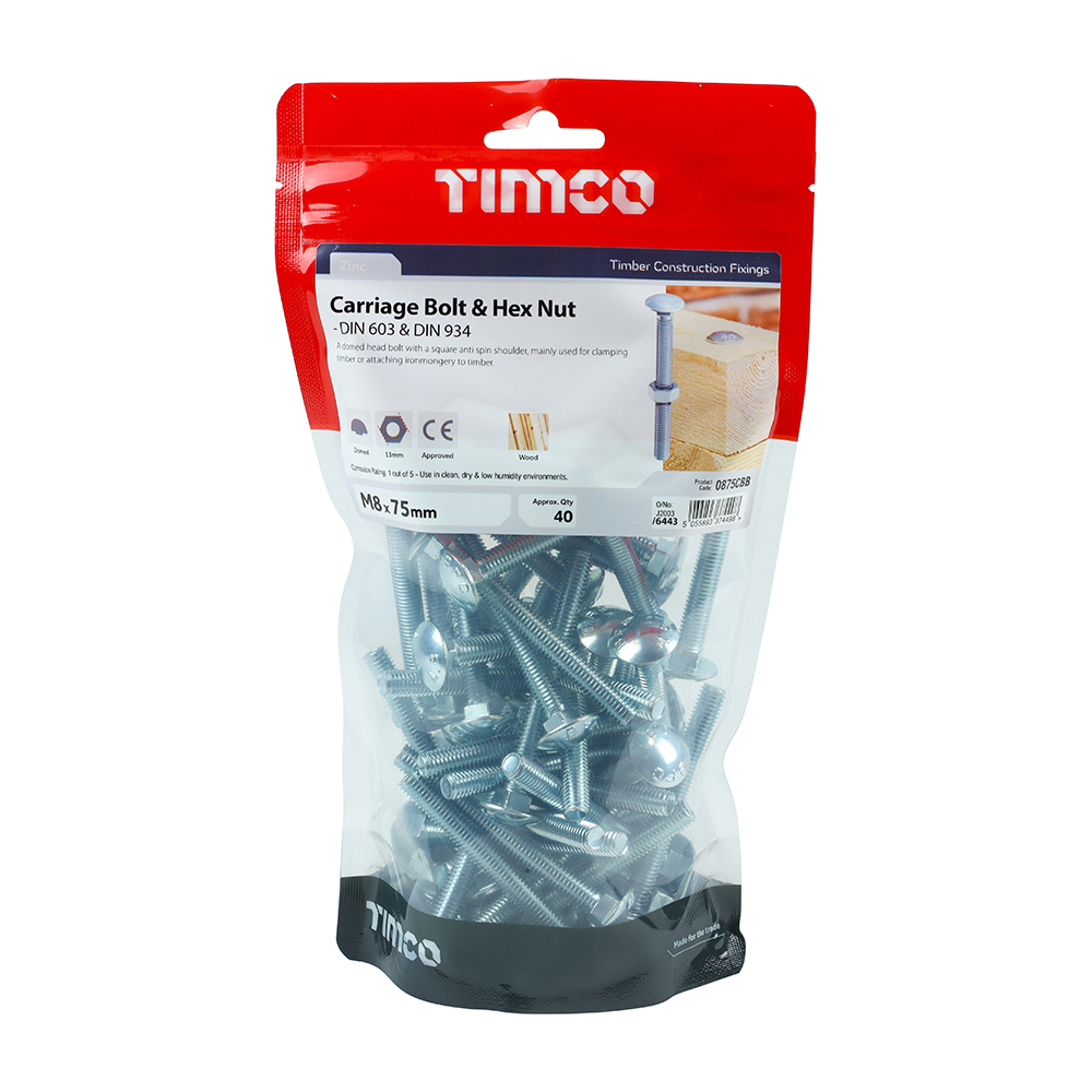 M8 x 75 Silver Carriage Bolts & Hex Full Nut - 40 Pack TIMCO