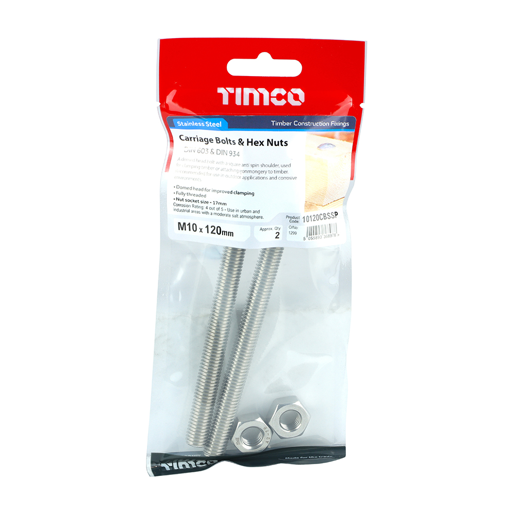 M10 x 120 A2 Stainless Steel Carriage Bolts & Hex Nut - 2 pack TIMCO