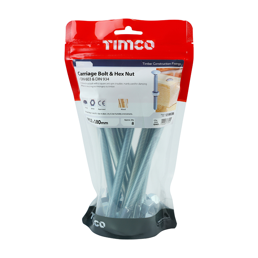 M12 x 180 Silver Carriage Bolts & Hex Full Nut - 8 Pack TIMCO
