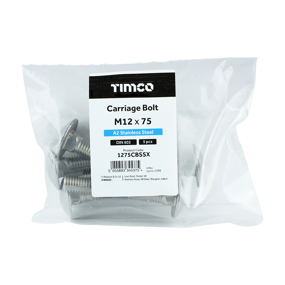 M12 x 75 A2 Stainless Steel Carriage Bolts - 5 Pack TIMCO