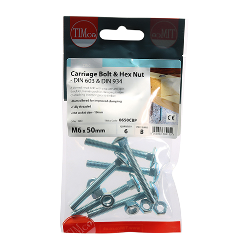 M6 x 50 Silver Carriage Bolts & Hex Full Nut - 6 Pack TIMCO