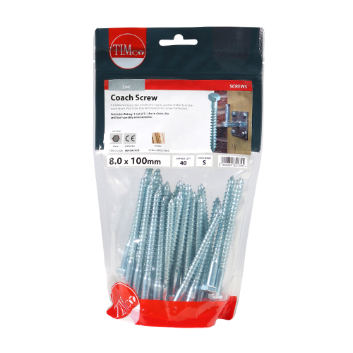 M8 x 100mm Silver Coach Screws Hex Head 40 Pack TIMCO R.M. Williams