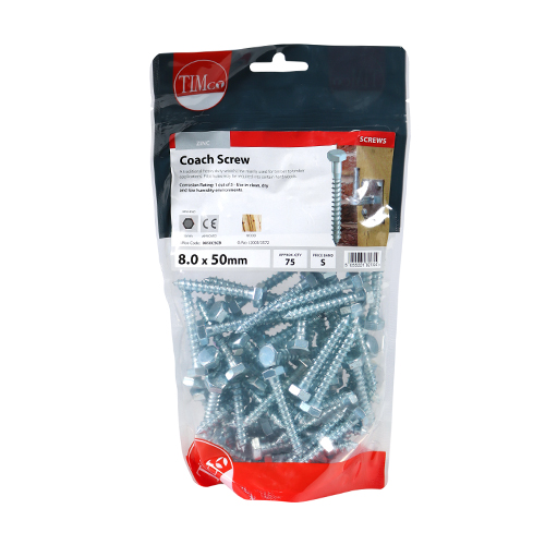 M8 x 50mm Silver Coach Screws Hex Head 75 Pack TIMCO R.M. Williams