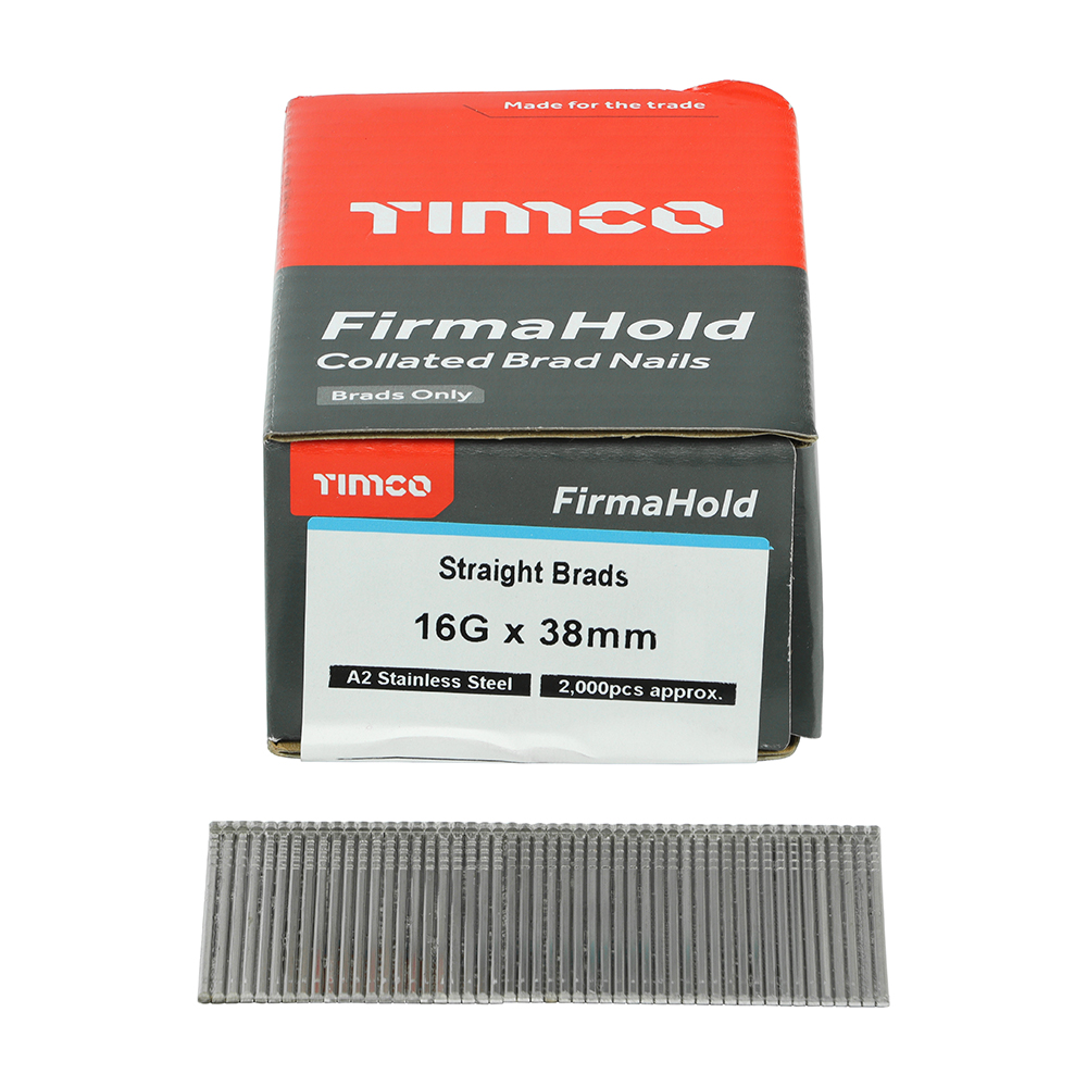 Stainless Steel Box of 2000 TIMCO BSS1638G Firmahold Straight Brad and Gas 16 x 38